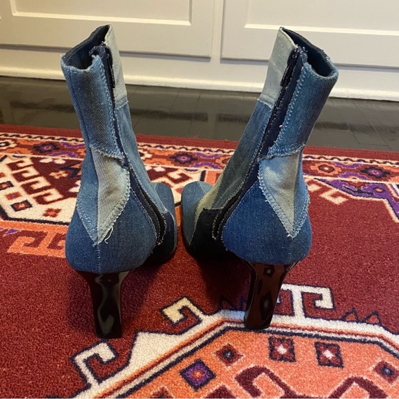 Y2K 2000s Denim Patchwork Ankle Boots Blue Square Toe Heels Booties Size 10 - Picture 5 of 11